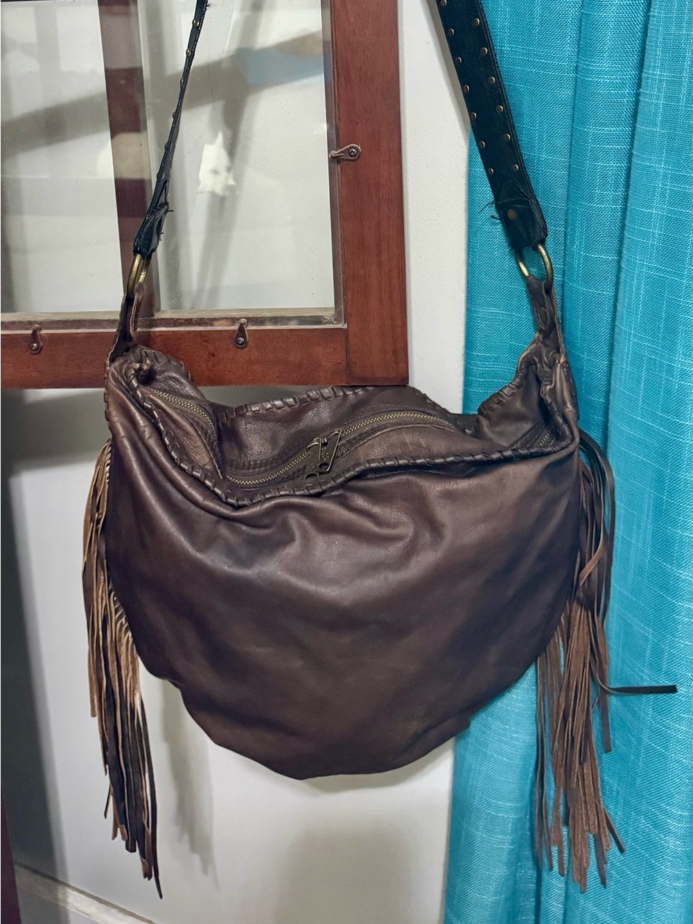 Patricia Nash Brown Leather Fringe Hobo Bag with upcycled Studded Strap